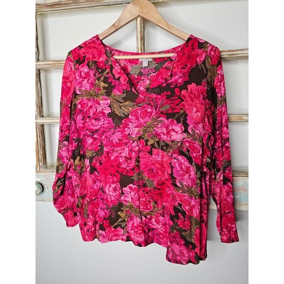 NWT J.Jill Red Floral Festive 3/4 Sleeve V-neckline Blouse Size MP - Picture 1 of 8